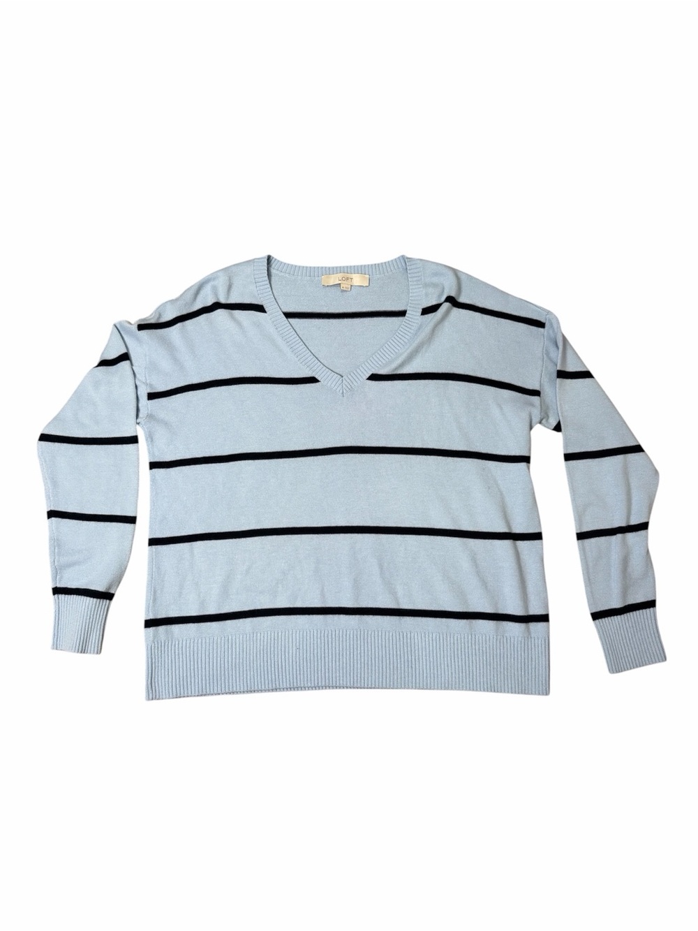 LOFT Light Blue Striped V-Neck Sweater Medium Women's Long Sleeve Knit Pullover